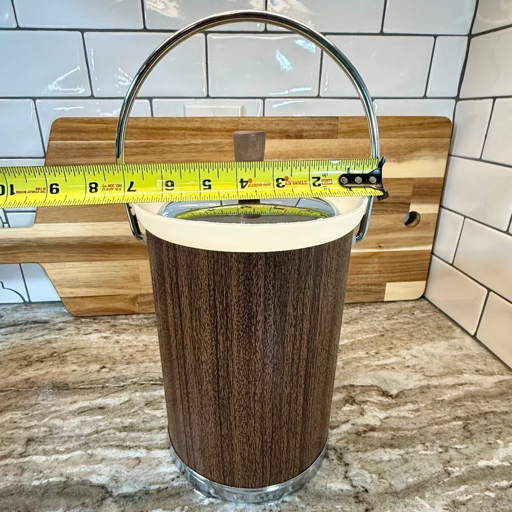🧊 Vintage Kromex Faux Wood Ice Bucket w/ Silver Tongs — Mid‑Century Charm! 🍸